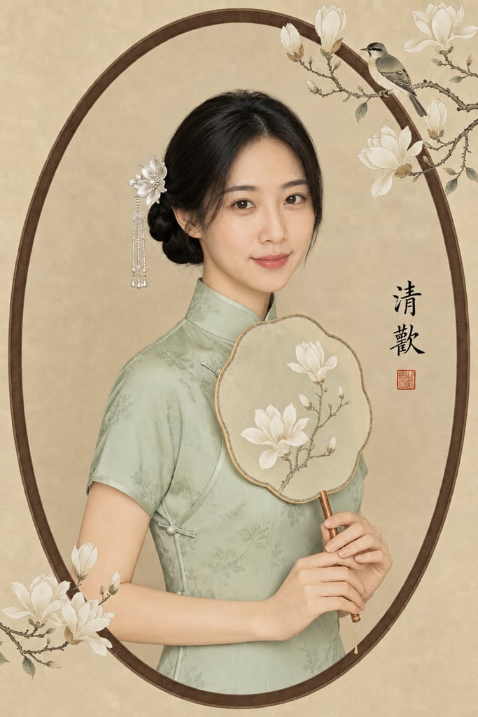 婉约旗袍屏风肖像